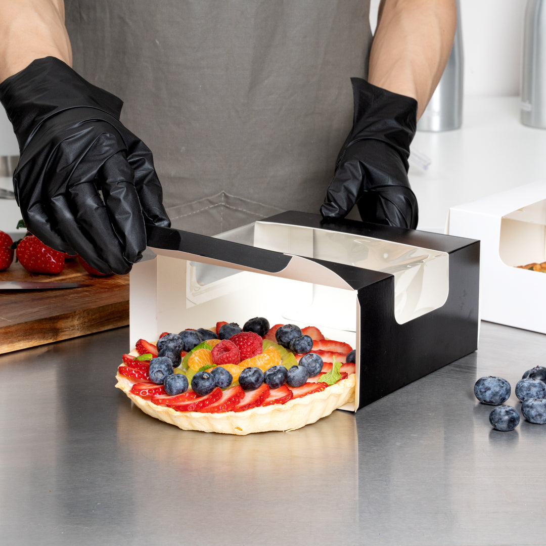 Pastry Tek Black Paper Pastry / Cake Box - with Window - 6 1/4" x 6 1/4" x 3 1/4" - 100 count box