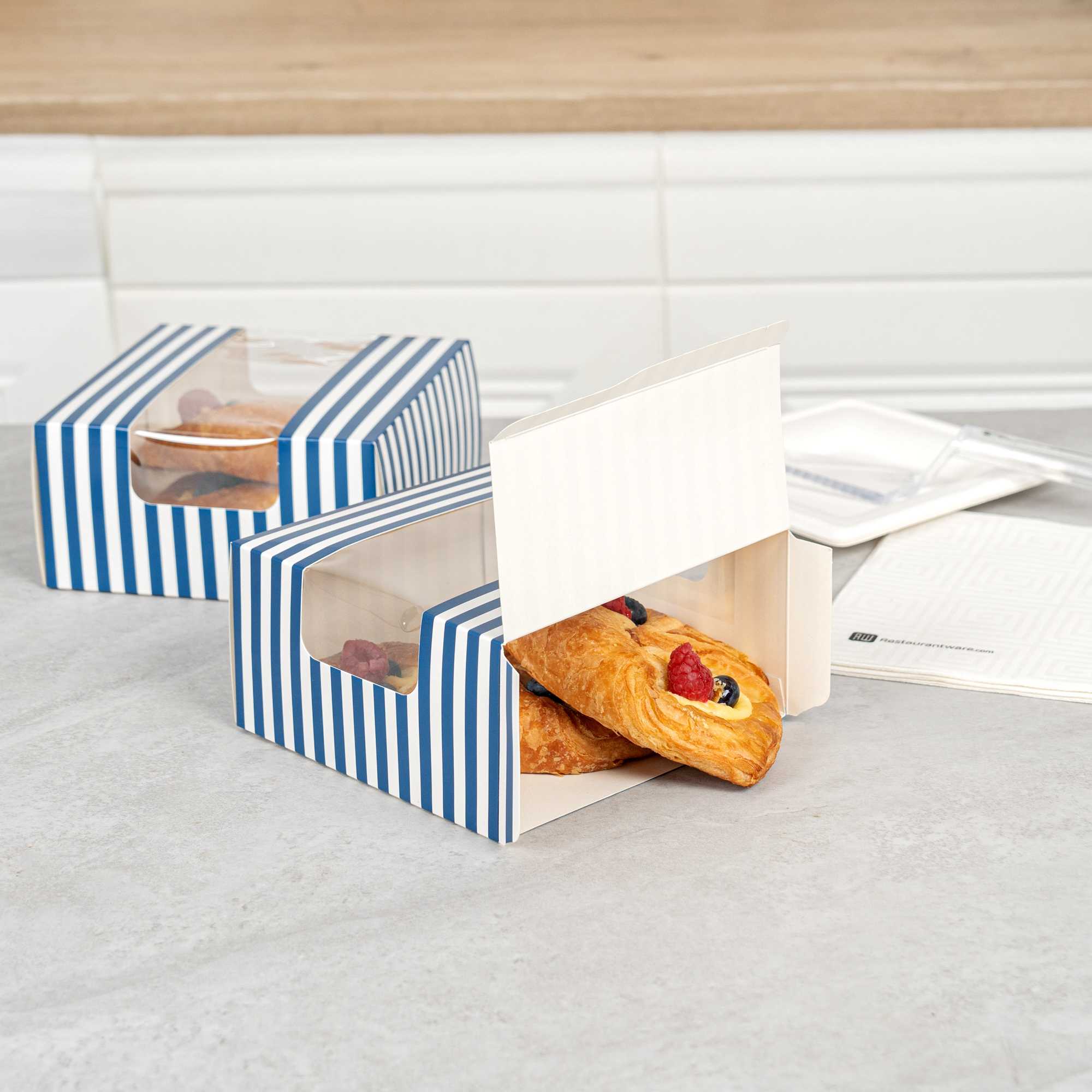Pastry Tek Blue and White Stripe Paper Pastry / Cake Box - with Window - 6 1/4" x 6 1/4" x 3 1/4" - 100 count box