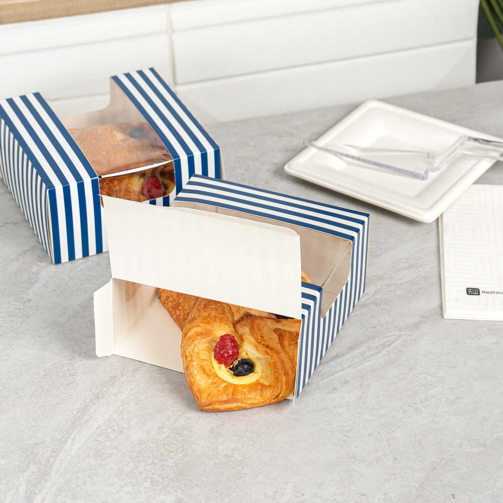 Pastry Tek Blue and White Stripe Paper Pastry / Cake Box - with Window - 6 1/4" x 6 1/4" x 3 1/4" - 100 count box