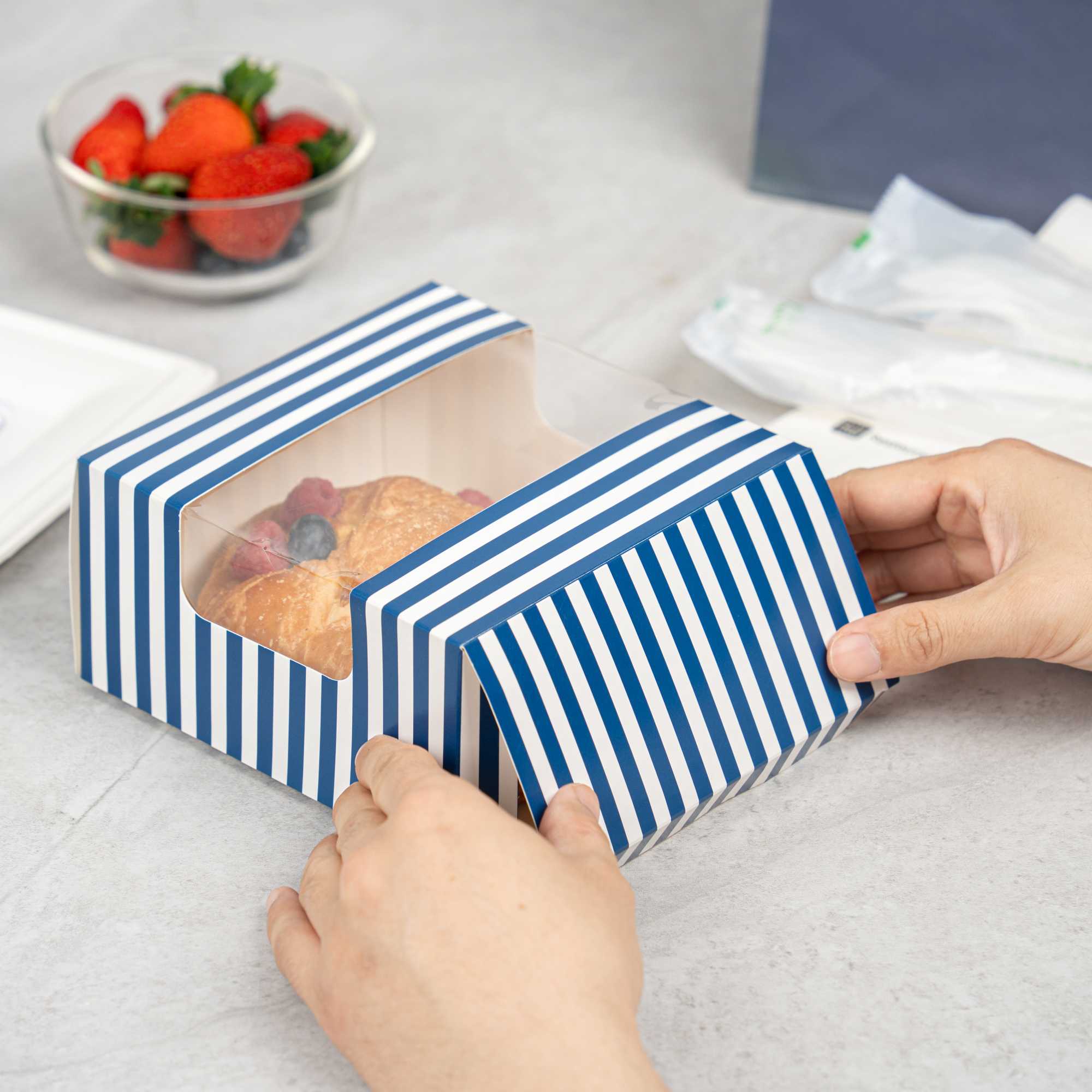 Pastry Tek Blue and White Stripe Paper Pastry / Cake Box - with Window - 6 1/4" x 6 1/4" x 3 1/4" - 100 count box