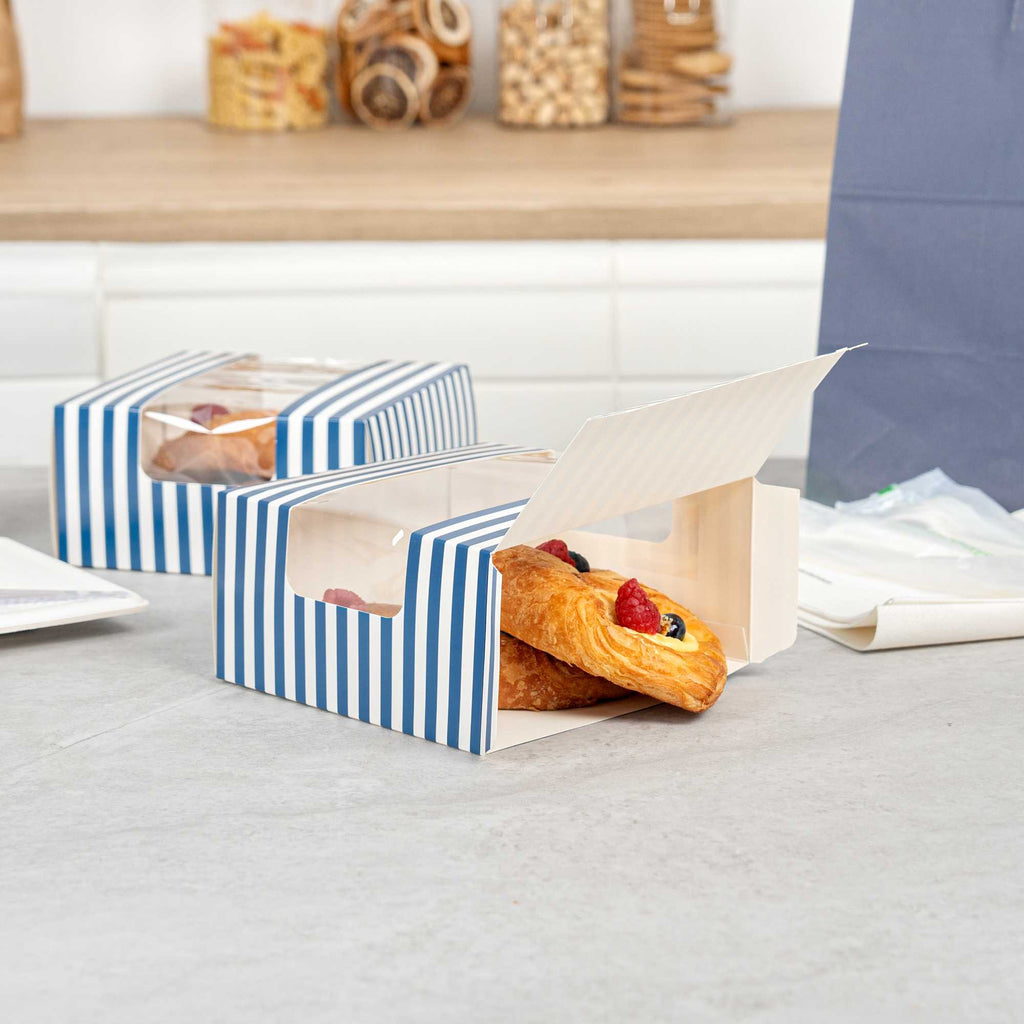 Pastry Tek Blue and White Stripe Paper Pastry / Cake Box - with Window - 6 1/4" x 6 1/4" x 3 1/4" - 100 count box