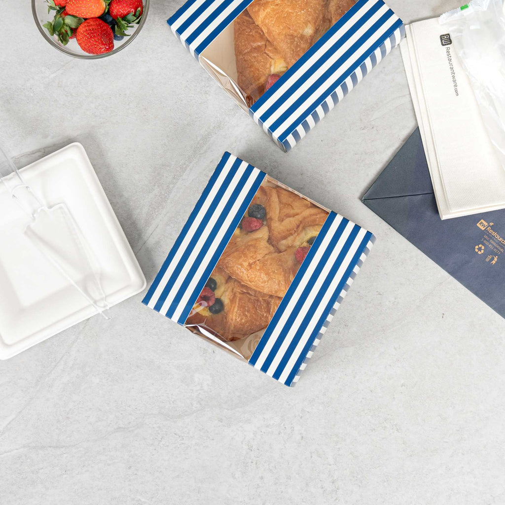 Pastry Tek Blue and White Stripe Paper Pastry / Cake Box - with Window - 6 1/4" x 6 1/4" x 3 1/4" - 100 count box