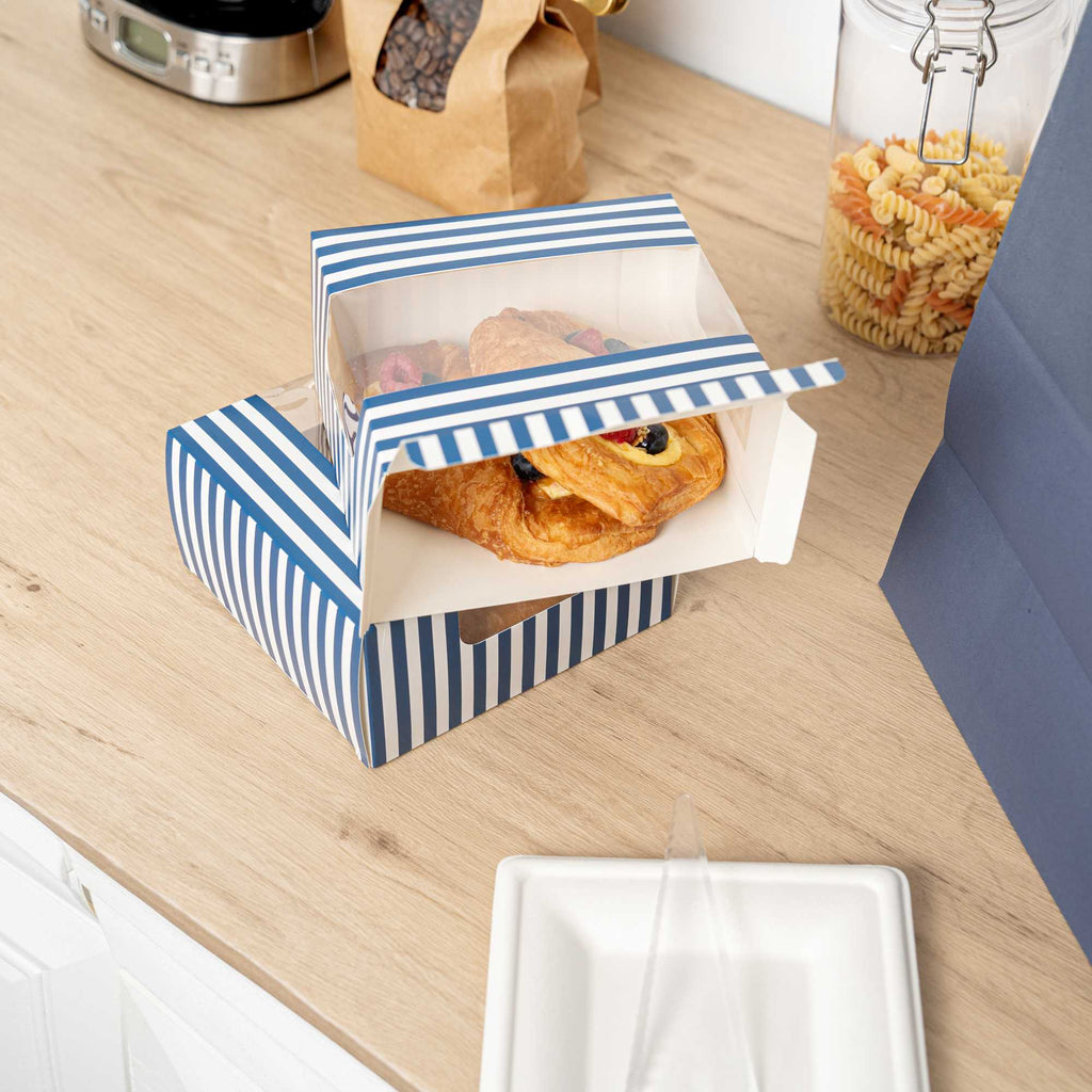 Pastry Tek Blue and White Stripe Paper Pastry / Cake Box - with Window - 6 1/4" x 6 1/4" x 3 1/4" - 100 count box