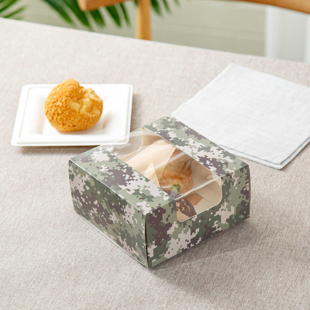 Pastry Tek Camouflage Paper Pastry / Cake Box - with Window - 6 1/4" x 6 1/4" x 3 1/4" - 100 count box
