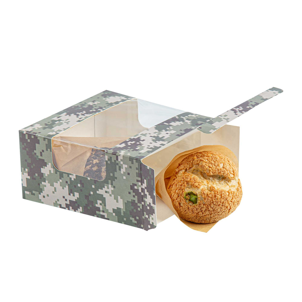 Pastry Tek Camouflage Paper Pastry / Cake Box - with Window - 6 1/4" x 6 1/4" x 3 1/4" - 100 count box