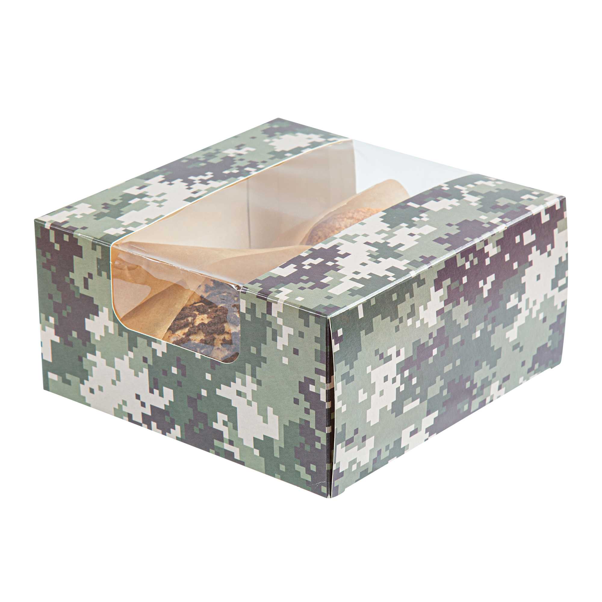 Pastry Tek Camouflage Paper Pastry / Cake Box - with Window - 6 1/4" x 6 1/4" x 3 1/4" - 100 count box