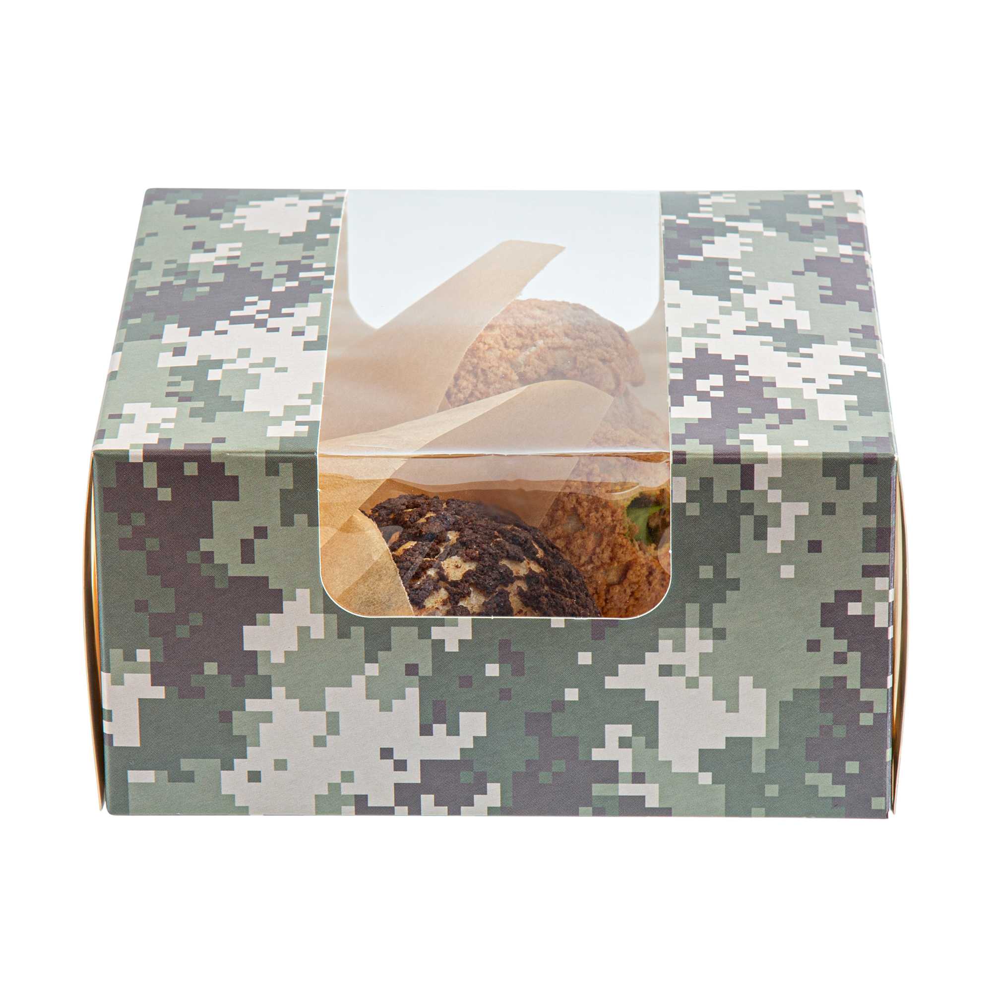Pastry Tek Camouflage Paper Pastry / Cake Box - with Window - 6 1/4" x 6 1/4" x 3 1/4" - 100 count box