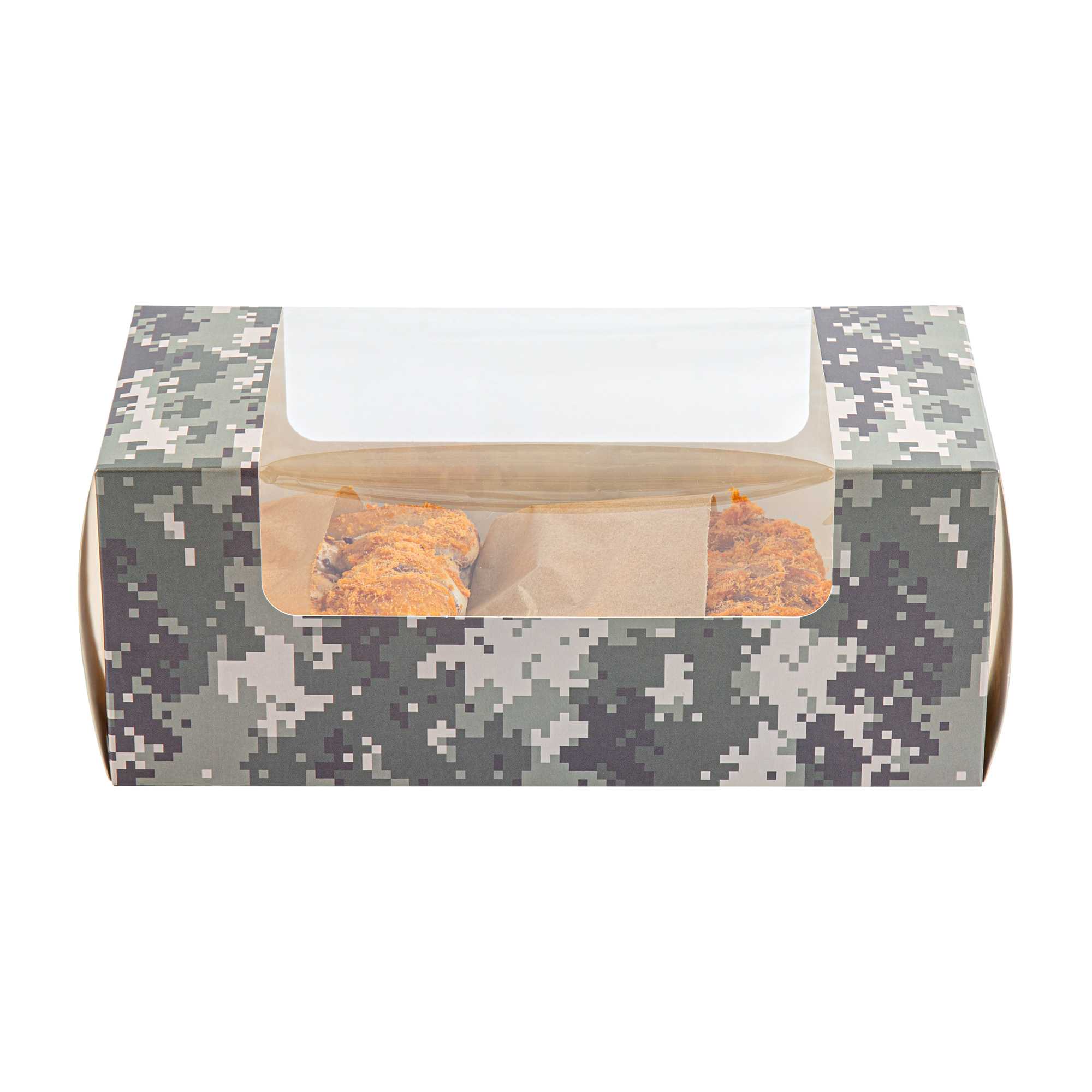 Pastry Tek Camouflage Paper Pastry / Cake Box - with Window - 6 1/4" x 6 1/4" x 3 1/4" - 100 count box