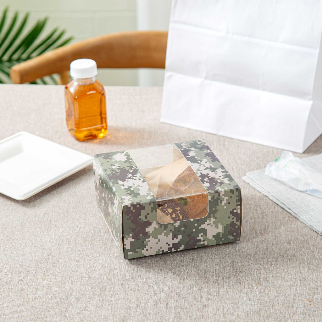 Pastry Tek Camouflage Paper Pastry / Cake Box - with Window - 6 1/4" x 6 1/4" x 3 1/4" - 100 count box