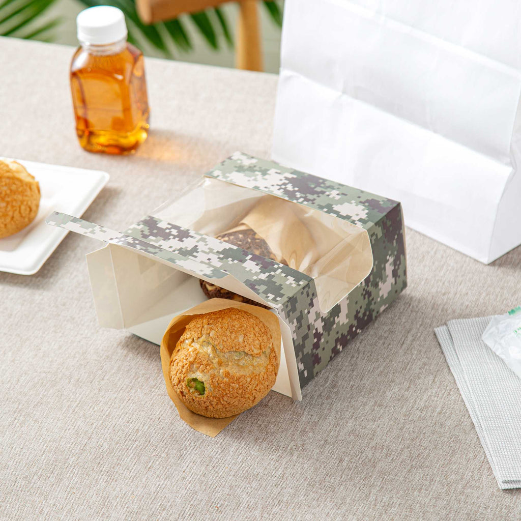 Pastry Tek Camouflage Paper Pastry / Cake Box - with Window - 6 1/4" x 6 1/4" x 3 1/4" - 100 count box