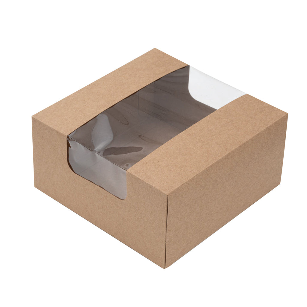 Pastry Tek Kraft Paper Pastry / Cake Box - with Window - 6 1/4" x 6 1/4" x 3 1/4" - 100 count box