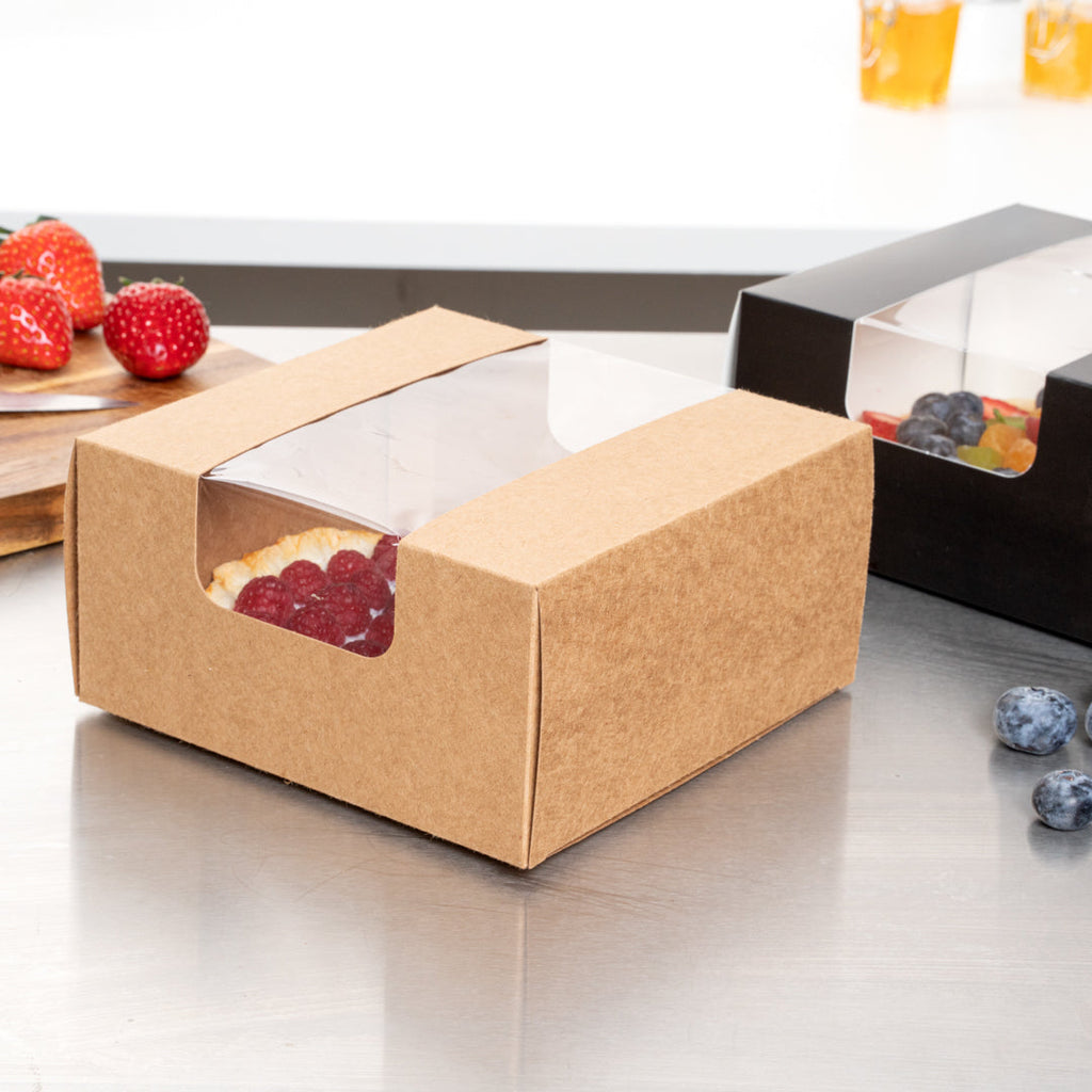 Pastry Tek Kraft Paper Pastry / Cake Box - with Window - 6 1/4" x 6 1/4" x 3 1/4" - 100 count box