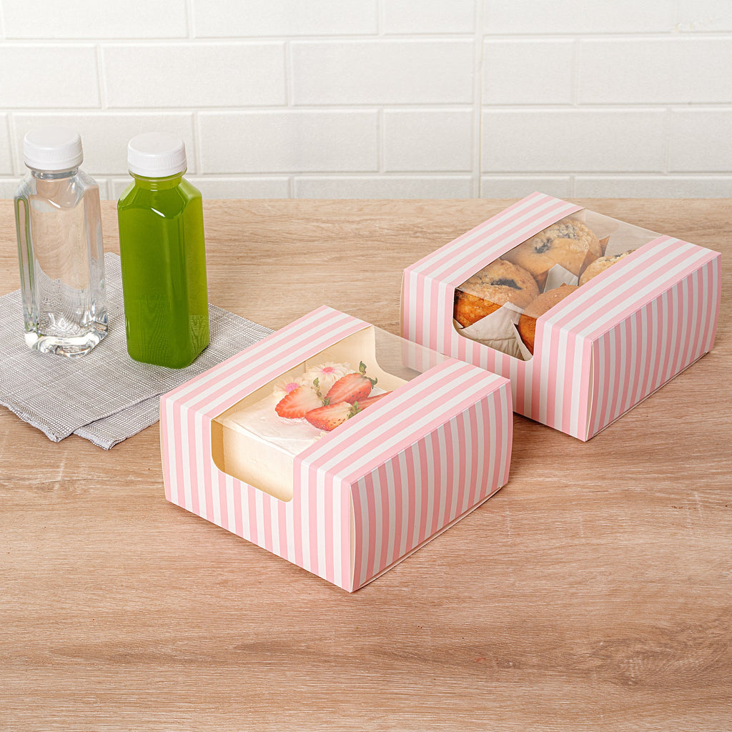 Pastry Tek Pink and White Stripe Paper Pastry / Cake Box - with Window - 6 1/4" x 6 1/4" x 3 1/4"- 100 count box