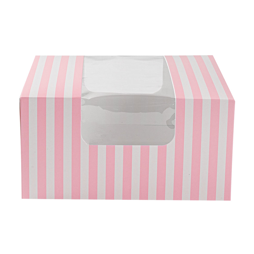 Pastry Tek Pink and White Stripe Paper Pastry / Cake Box - with Window - 6 1/4" x 6 1/4" x 3 1/4"- 100 count box
