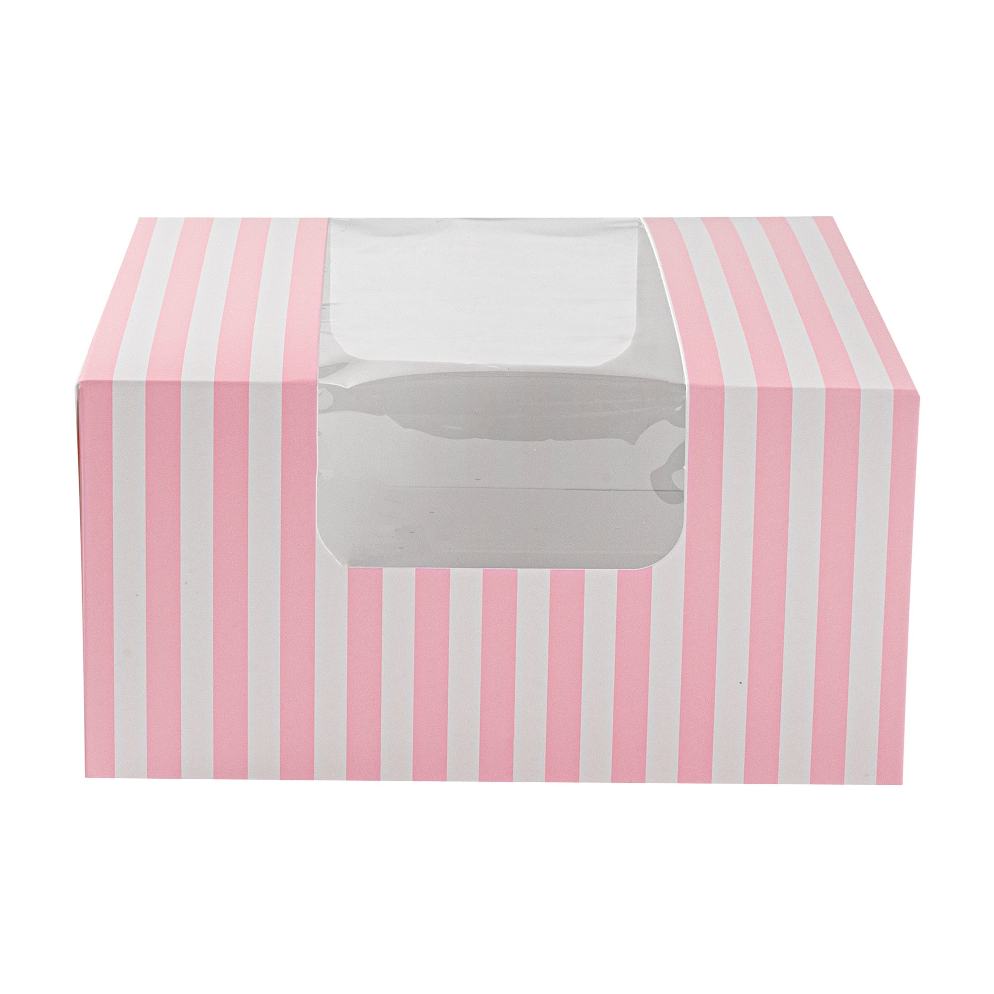 Pastry Tek Pink and White Stripe Paper Pastry / Cake Box - with Window - 6 1/4" x 6 1/4" x 3 1/4"- 100 count box