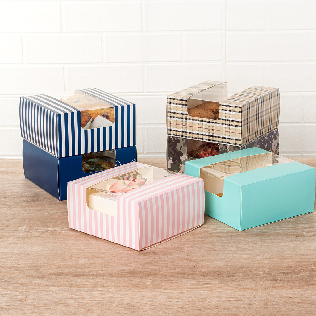 Pastry Tek Pink and White Stripe Paper Pastry / Cake Box - with Window - 6 1/4" x 6 1/4" x 3 1/4"- 100 count box