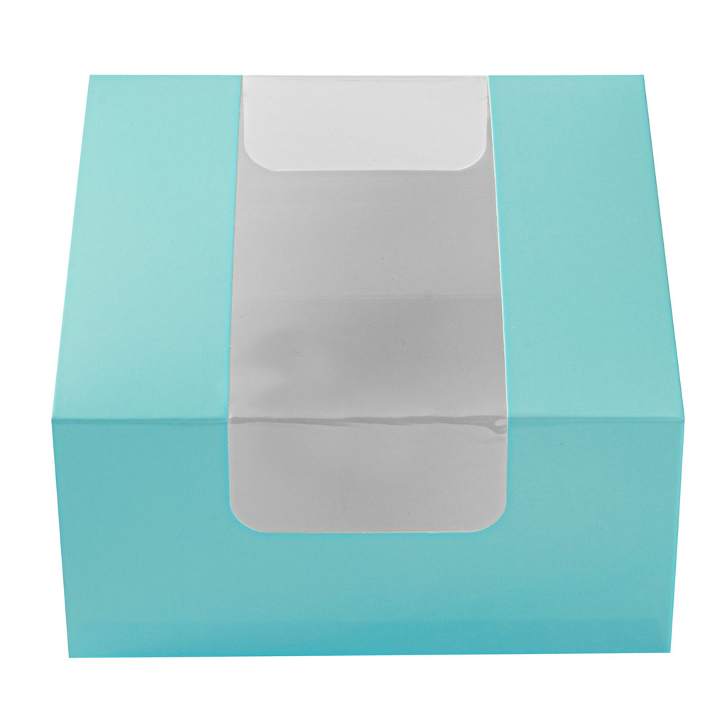 Pastry Tek Turquoise Paper Pastry / Cake Box - with Window - 6 1/4" x 6 1/4" x 3 1/4" - 100 count box
