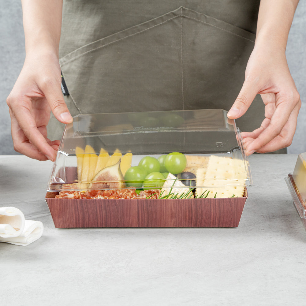 Matsuri Vision Rectangle Wood Grain Paper Medium Sushi Tray - 8" x 5" x 1 1/2" - 100 count box