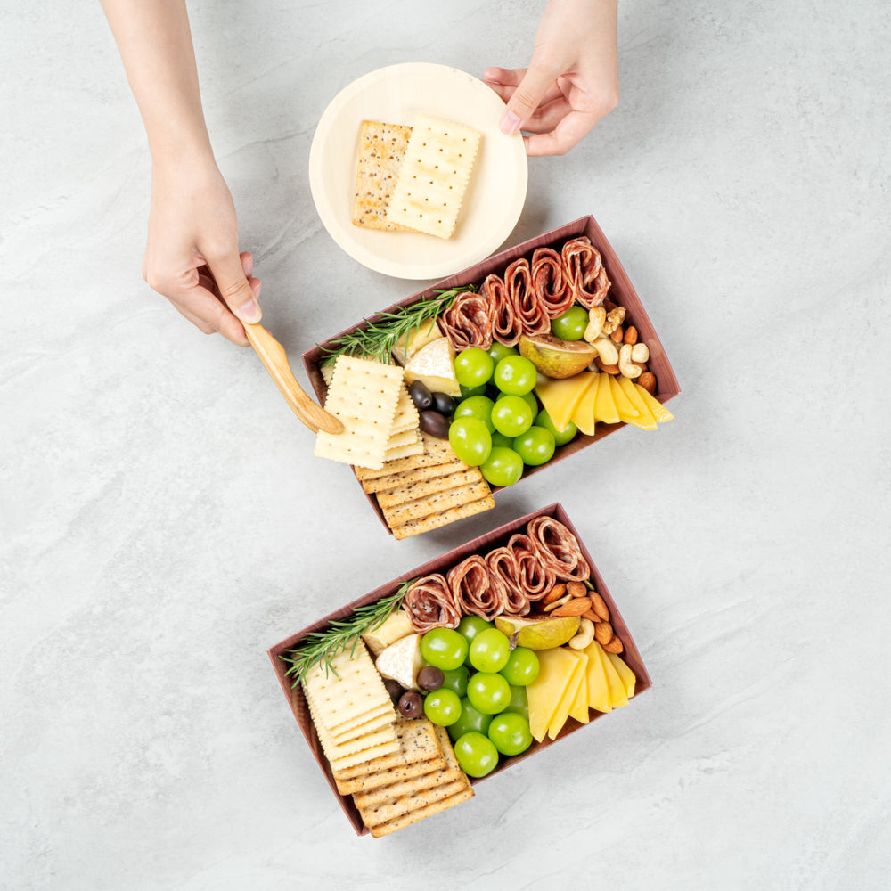 Matsuri Vision Rectangle Wood Grain Paper Medium Sushi Tray - 8" x 5" x 1 1/2" - 100 count box