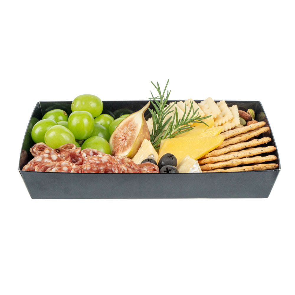 Matsuri Vision Rectangle Black Paper Large Sushi Tray - 9" x 6" x 1 1/2" - 100 count box