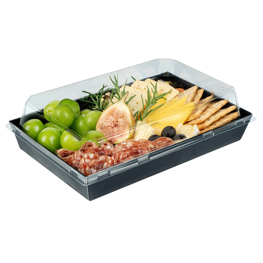 Matsuri Vision Rectangle Black Paper Large Sushi Tray - 9" x 6" x 1 1/2" - 100 count box