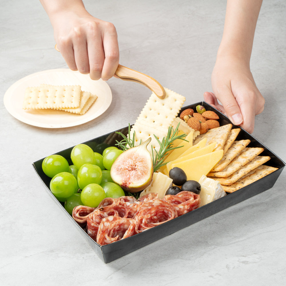 Matsuri Vision Rectangle Black Paper Large Sushi Tray - 9" x 6" x 1 1/2" - 100 count box