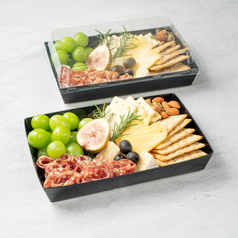 Matsuri Vision Rectangle Black Paper Large Sushi Tray - 9" x 6" x 1 1/2" - 100 count box
