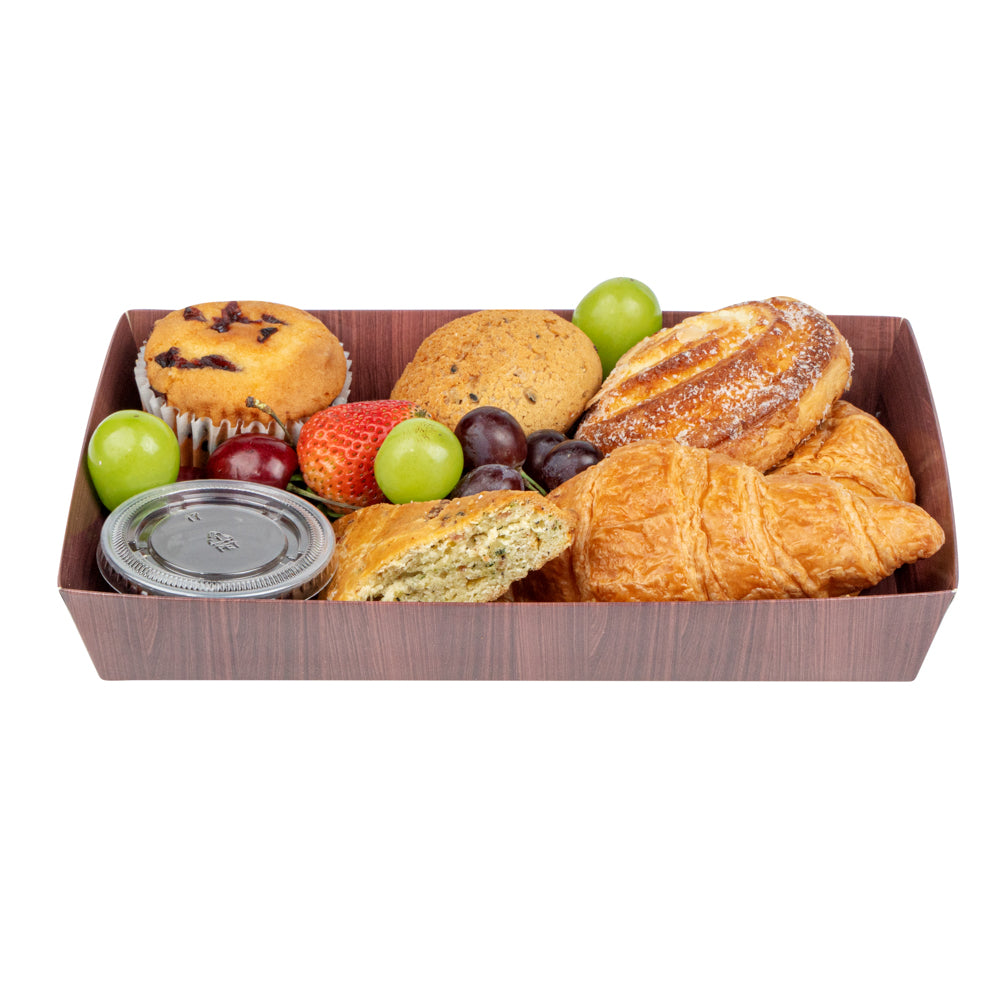 Matsuri Vision Rectangle Wood Grain Paper Large Sushi Tray - 9" x 6" x 1 1/2" - 100 count box
