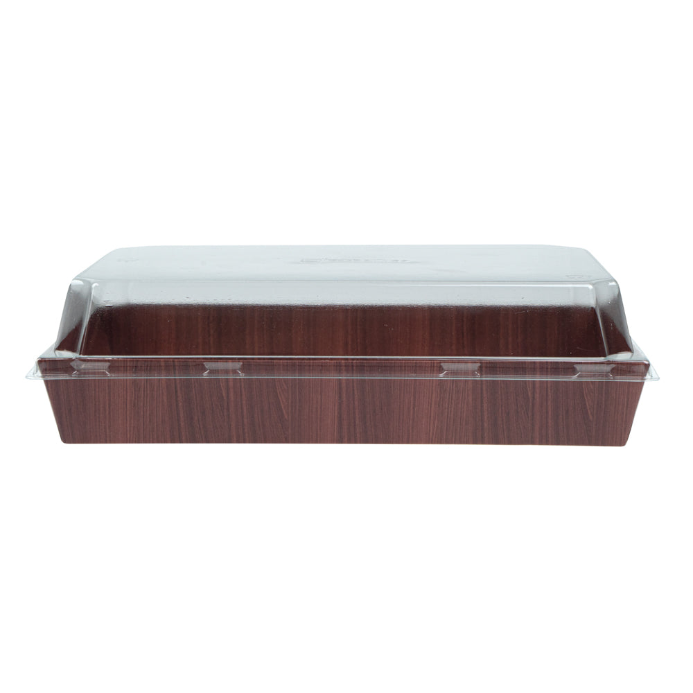 Matsuri Vision Rectangle Wood Grain Paper Large Sushi Tray - 9" x 6" x 1 1/2" - 100 count box