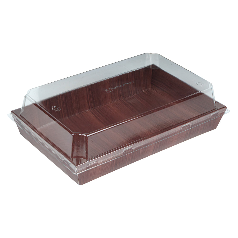 Matsuri Vision Rectangle Wood Grain Paper Large Sushi Tray - 9" x 6" x 1 1/2" - 100 count box