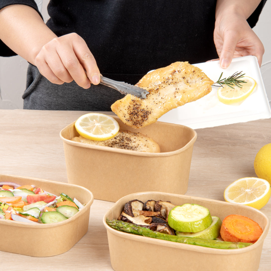 Bio Tek 34 oz Oval Kraft Paper Serving Container - 6 3/4" x 4 1/2" x 3" - 100 count box
