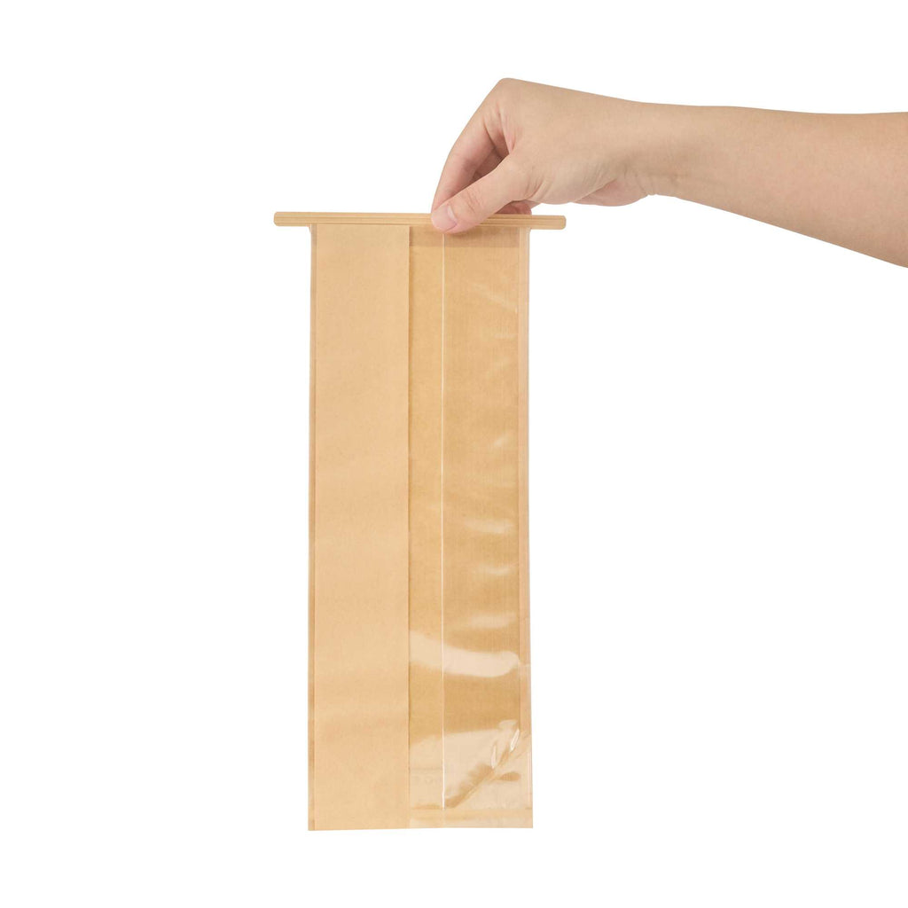 Bag Tek Kraft Paper Bakery Tin Tie Bag - with Window - 4 3/4" x 3 1/2" x 12 1/2" - 100 count box