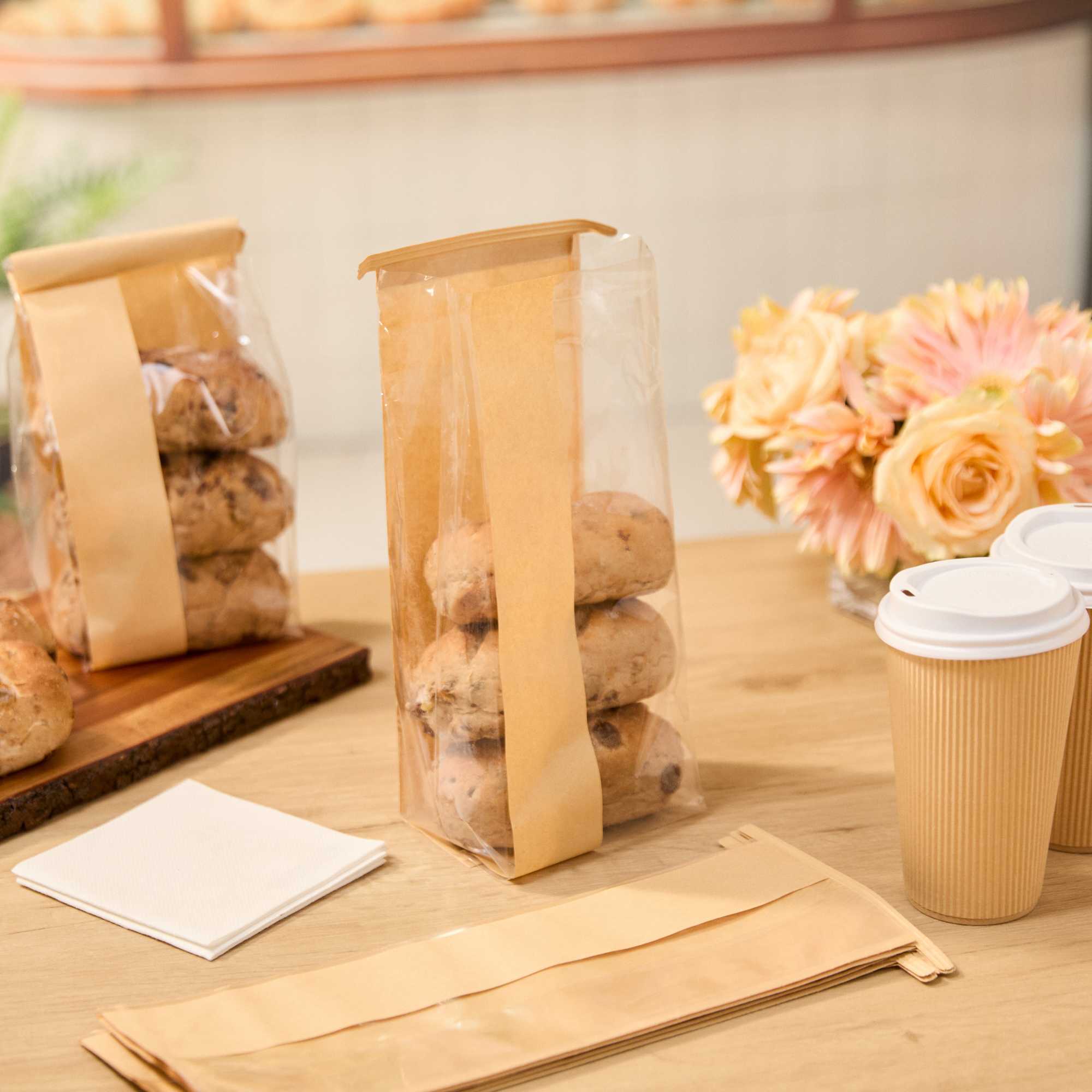 Bag Tek Kraft Paper Bakery Tin Tie Bag - with Window - 4 3/4" x 3 1/2" x 12 1/2" - 100 count box