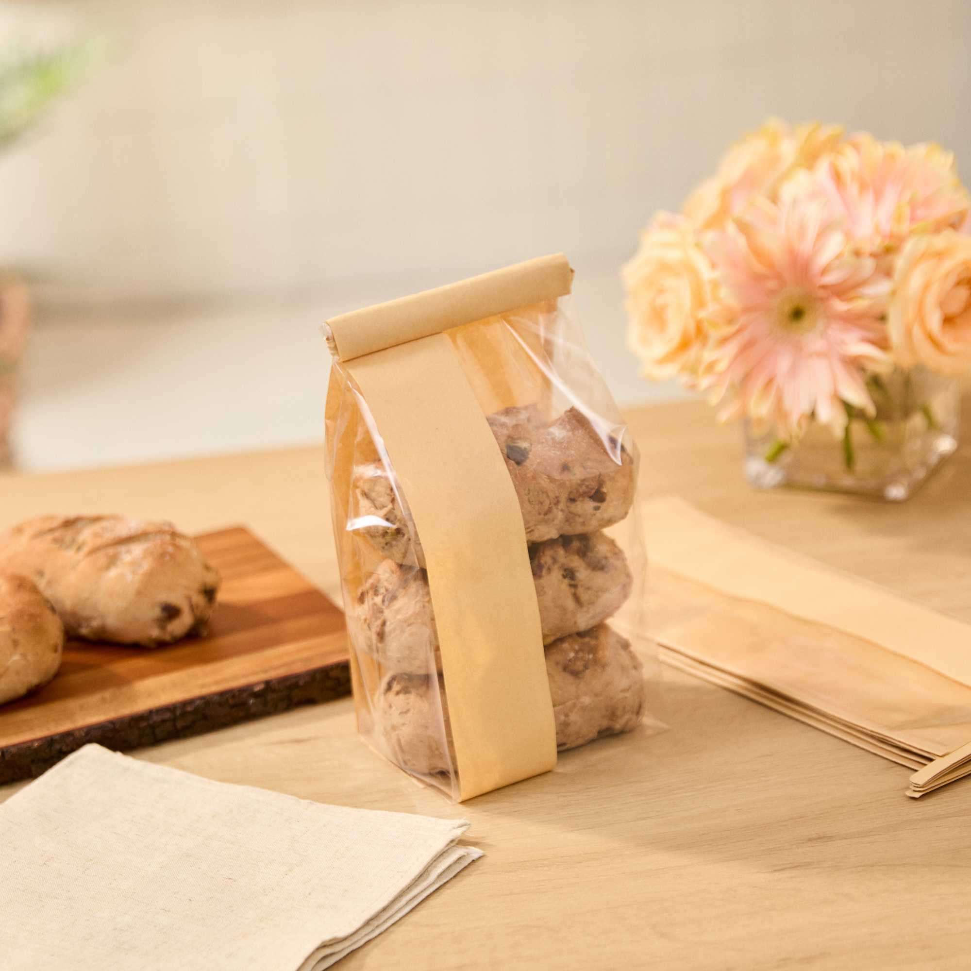 Bag Tek Kraft Paper Bakery Tin Tie Bag - with Window - 4 3/4" x 3 1/2" x 12 1/2" - 100 count box