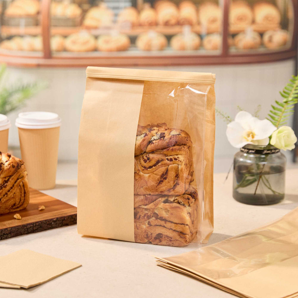 Bag Tek Kraft Paper Bakery Tin Tie Bag - with Window - 8 1/4" x 4" x 13 3/4" - 100 count box