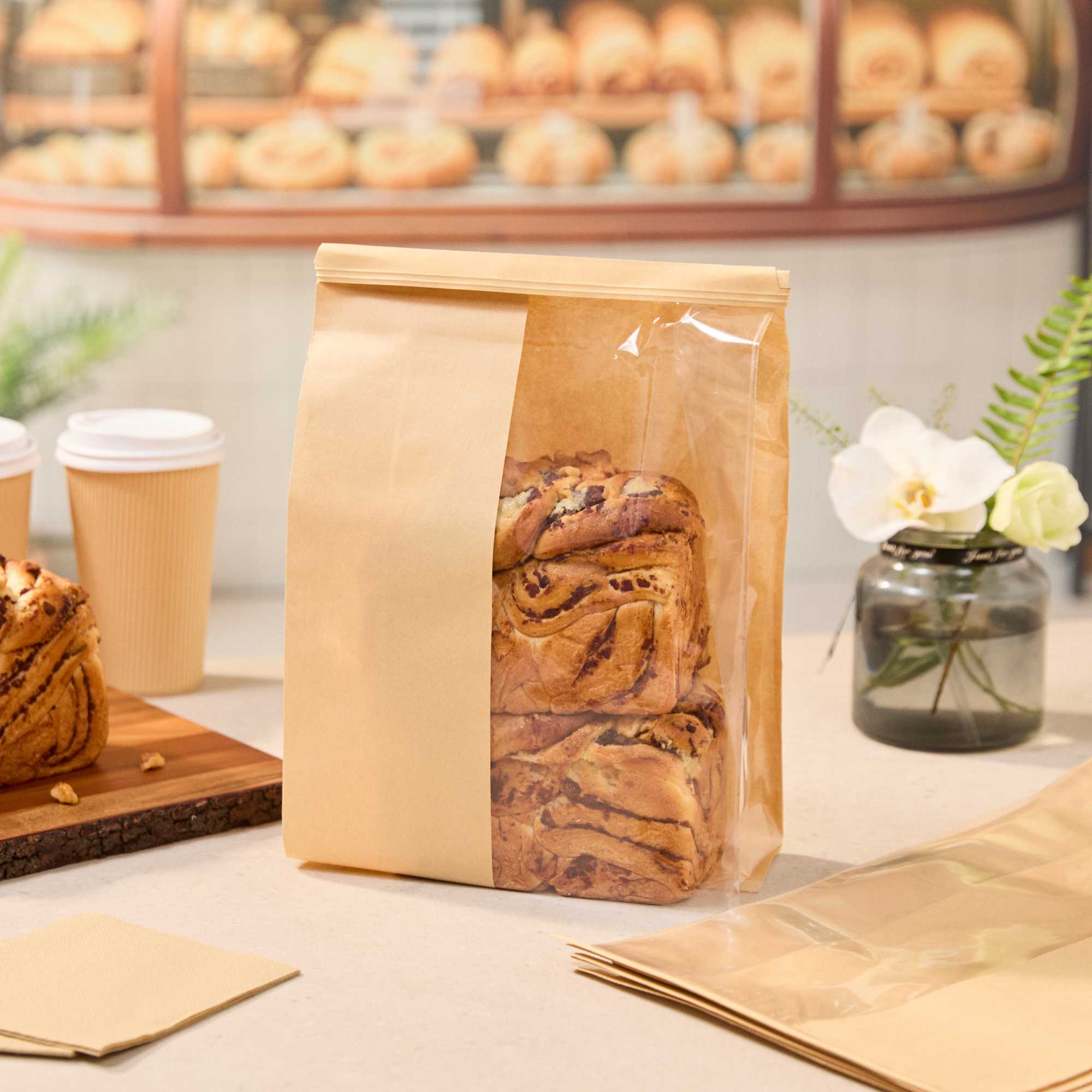 Bag Tek Kraft Paper Bakery Tin Tie Bag - with Window - 8 1/4" x 4" x 13 3/4" - 100 count box