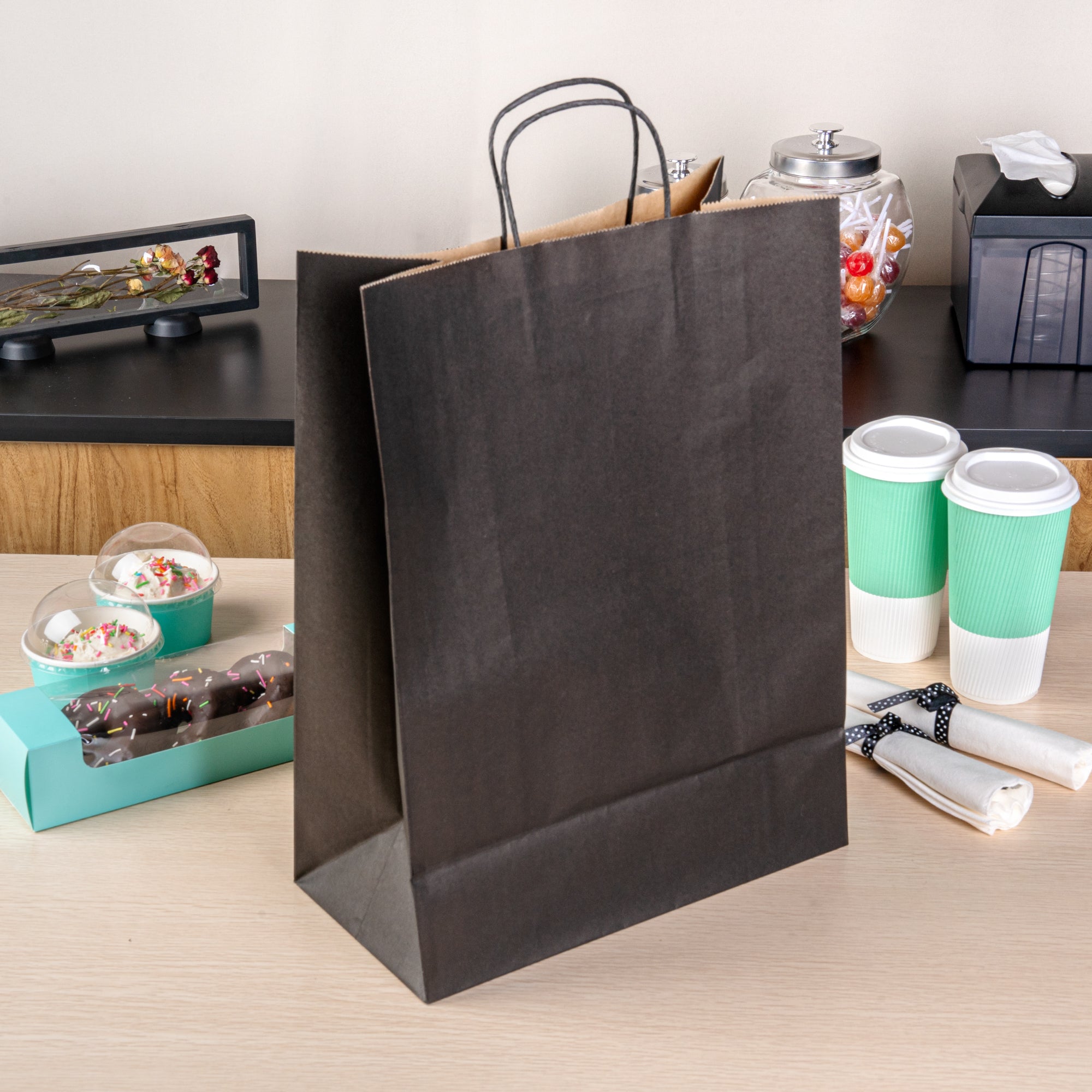 Saving Nature Black Paper Retail Bag - with Handles - 12 1/2" x 6 1/4" x 17" - 100 count box