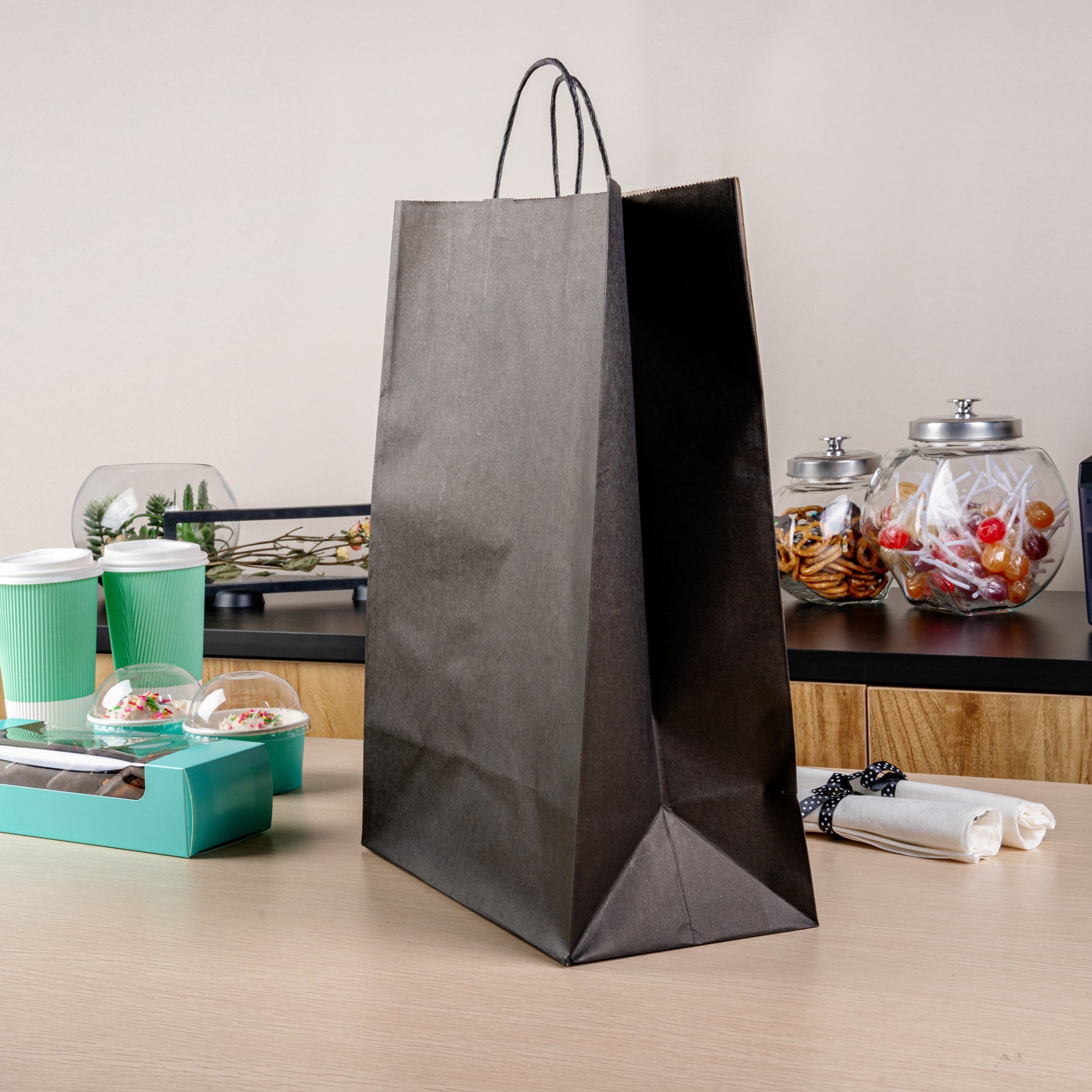 Saving Nature Black Paper Retail Bag - with Handles - 12 1/2" x 6 1/4" x 17" - 100 count box