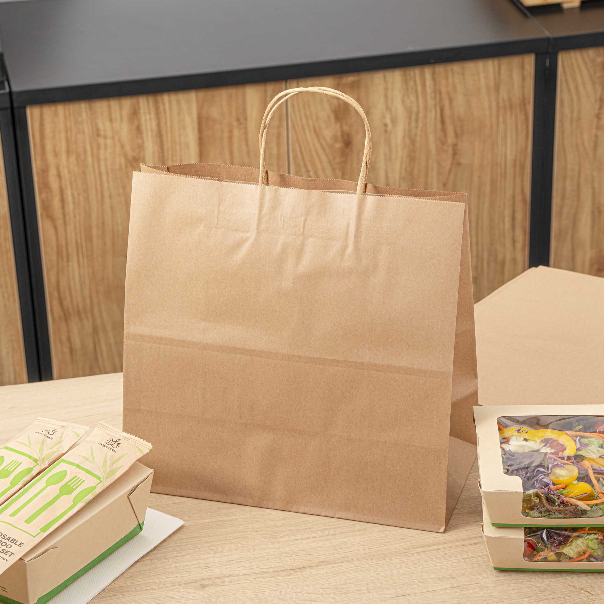 Saving Nature Kraft Paper Retail Bag - with Handles - 12 1/2" x 6 1/4" x 12 1/4" - 100 count box