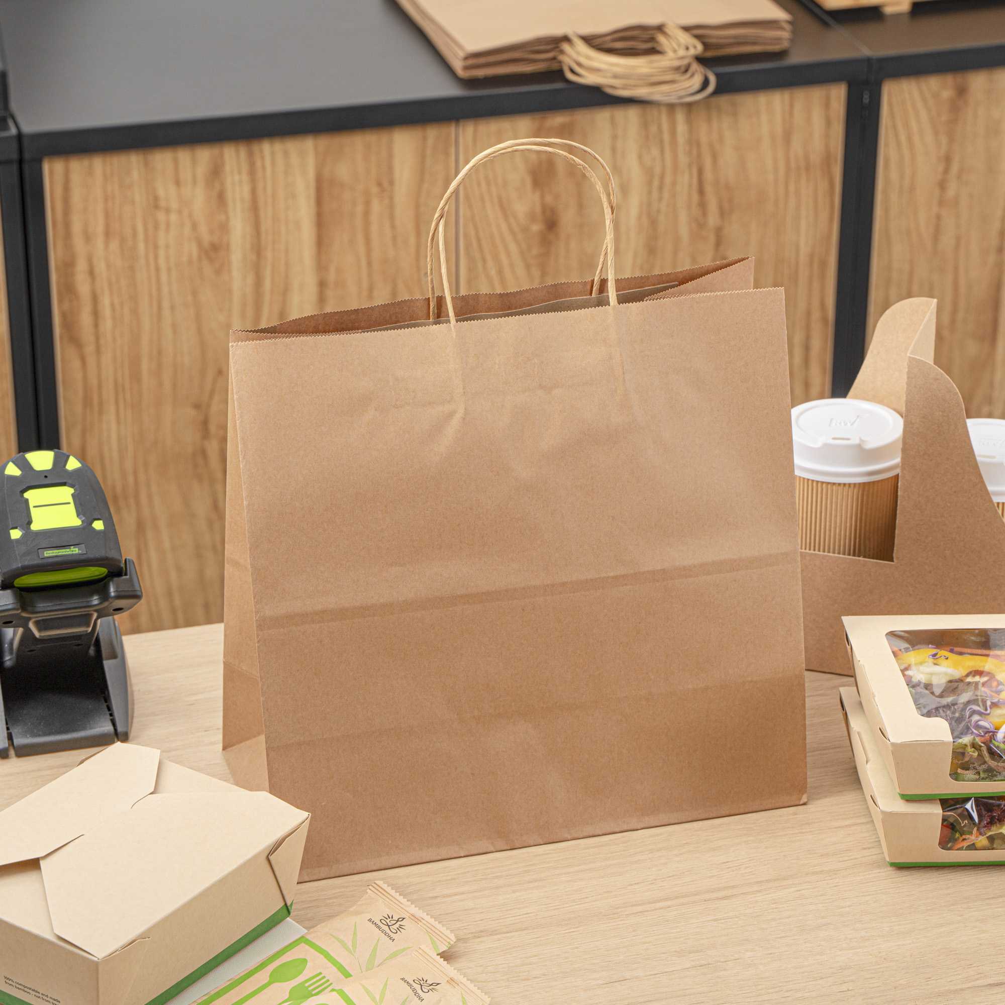 Saving Nature Kraft Paper Retail Bag - with Handles - 12 1/2" x 6 1/4" x 12 1/4" - 100 count box