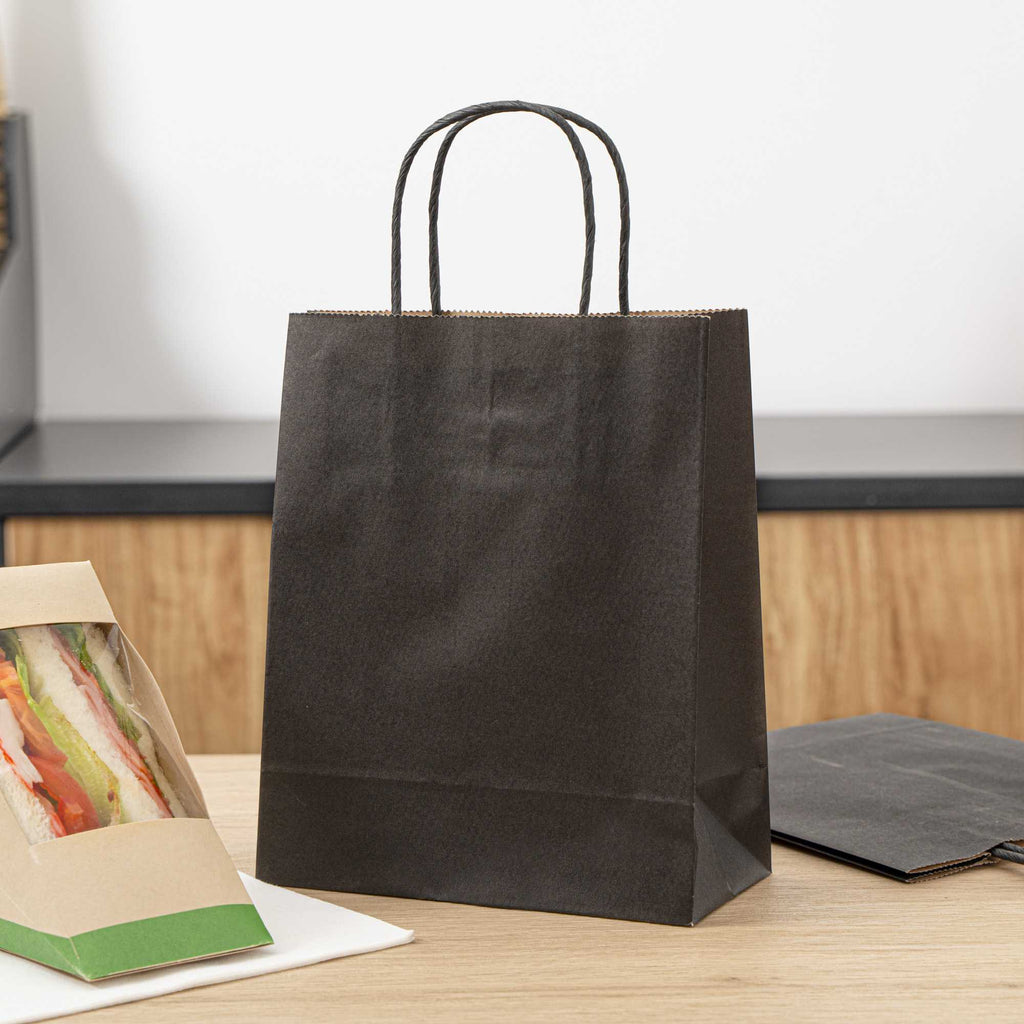 Saving Nature Black Paper Retail Bag - with Handles - 7" x 3 1/4" x 8 1/2" - 100 count box