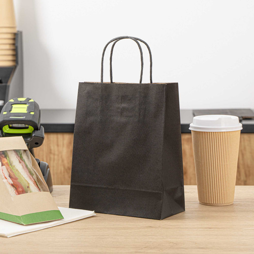 Saving Nature Black Paper Retail Bag - with Handles - 7" x 3 1/4" x 8 1/2" - 100 count box