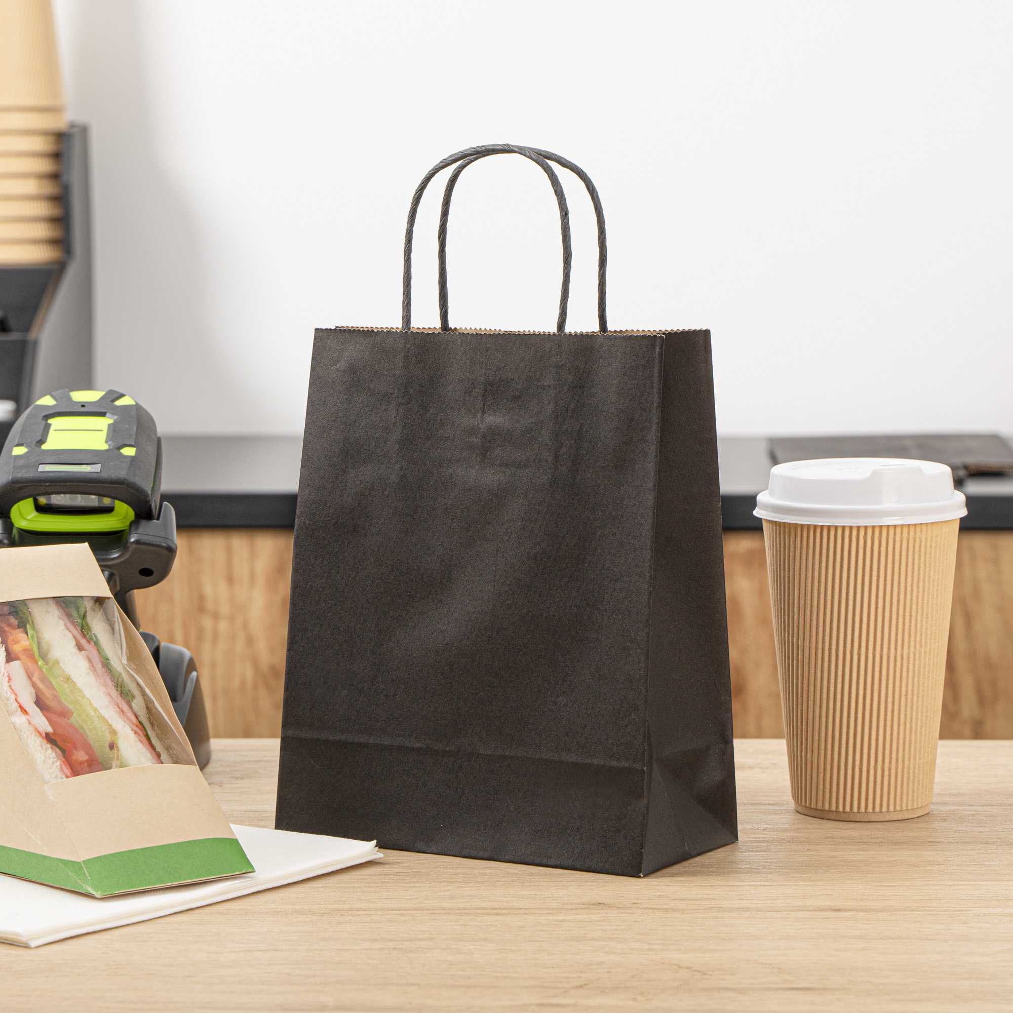 Saving Nature Black Paper Retail Bag - with Handles - 7" x 3 1/4" x 8 1/2" - 100 count box