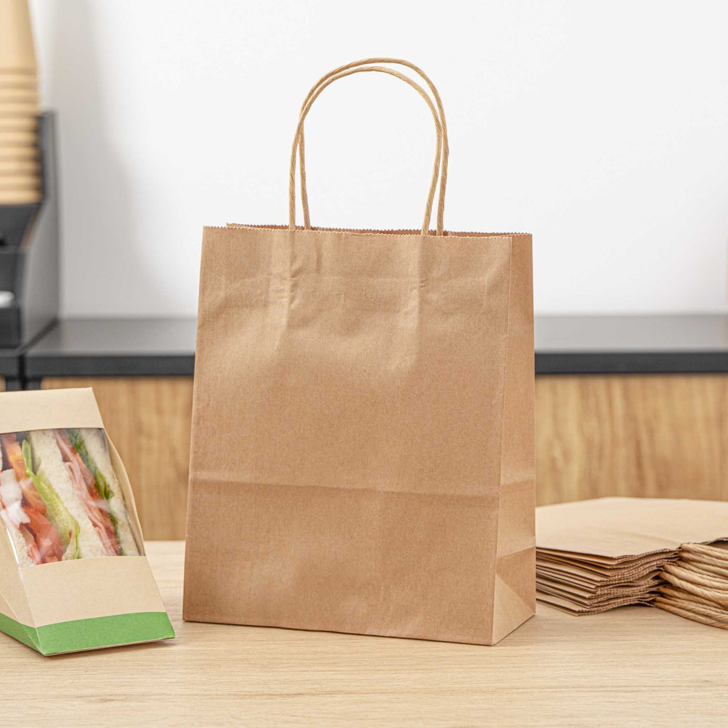 Saving Nature Kraft Paper Retail Bag - with Handles - 7" x 3 1/4" x 8 1/2" - 100 count box