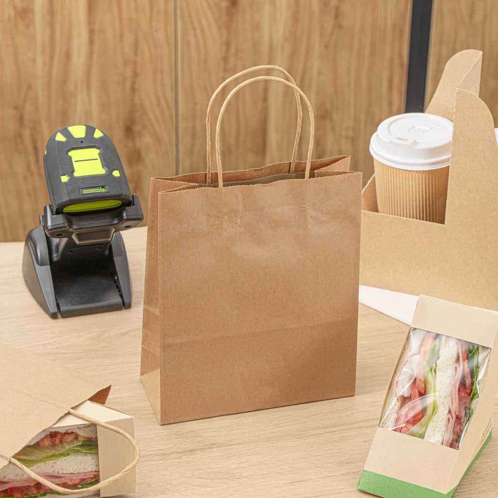 Saving Nature Kraft Paper Retail Bag - with Handles - 7" x 3 1/4" x 8 1/2" - 100 count box