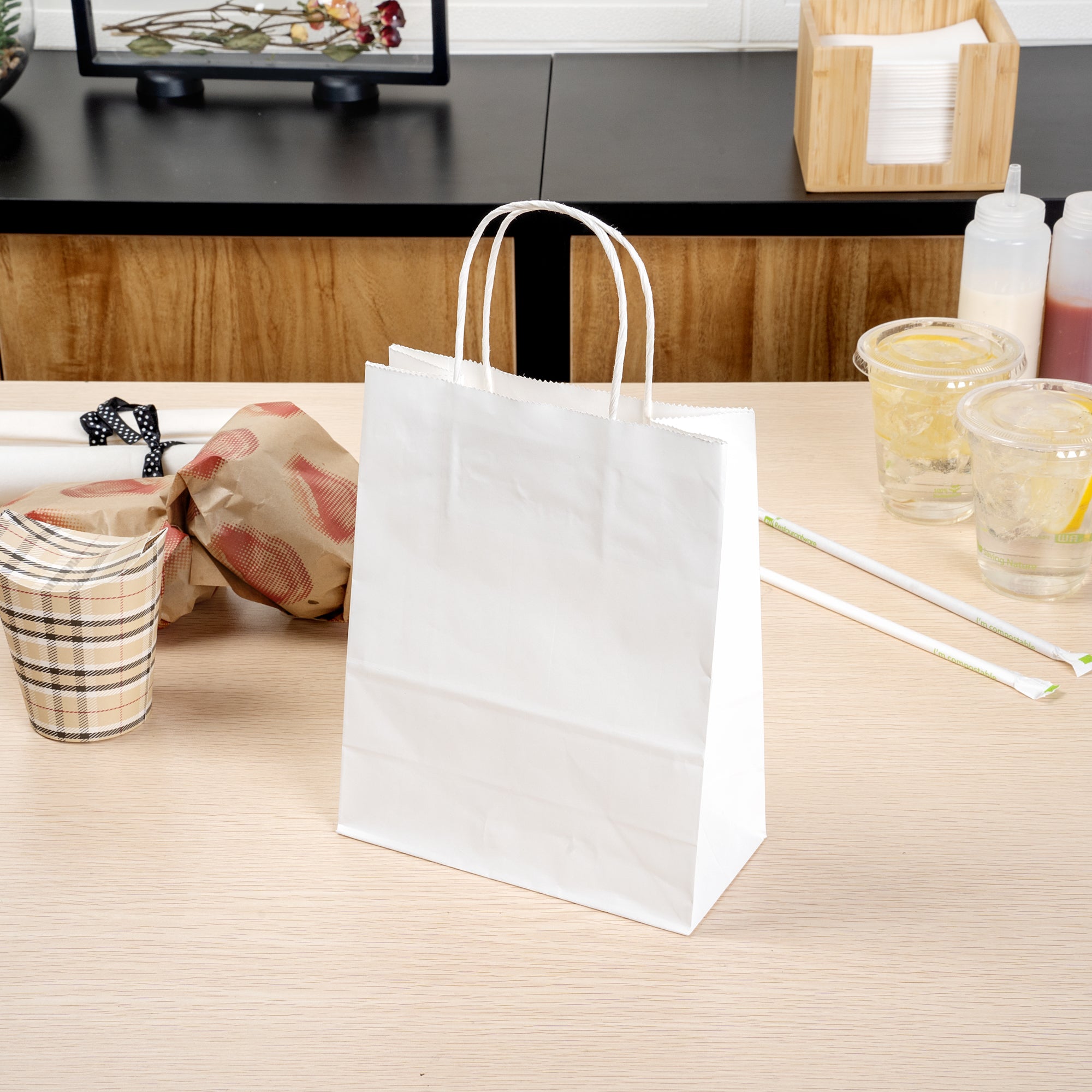 Saving Nature White Paper Retail Bag - with Handles - 7" x 3 1/4" x 8 1/2" - 100 count box