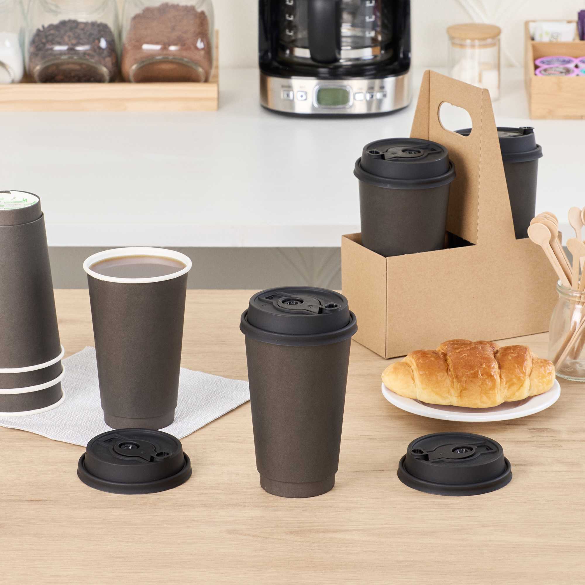 Restpresso Black Plastic 2-in-1 Straw or Sippy Coffee Cup Lid - with Detachable Double Plug, Fits 8, 12, 16 and 20 oz - 500 count box