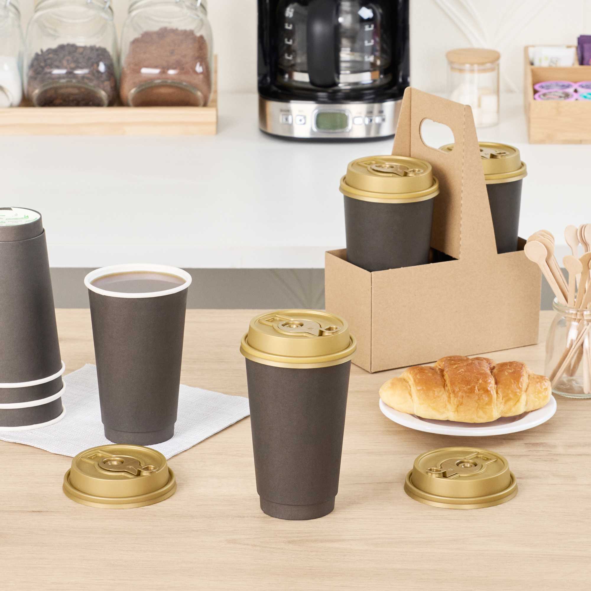 Restpresso Gold Plastic 2-in-1 Straw or Sippy Coffee Cup Lid - with Detachable Double Plug, Fits 8, 12, 16 and 20 oz - 25 count box