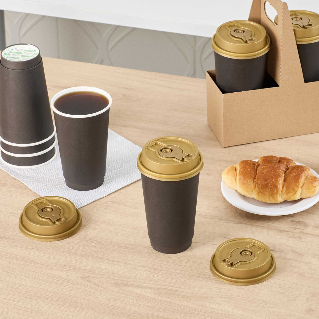 Restpresso Gold Plastic 2-in-1 Straw or Sippy Coffee Cup Lid - with Detachable Double Plug, Fits 8, 12, 16 and 20 oz - 25 count box