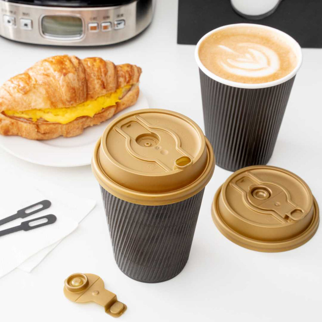 Restpresso Gold Plastic 2-in-1 Straw or Sippy Coffee Cup Lid - with Detachable Double Plug, Fits 8, 12, 16 and 20 oz - 25 count box